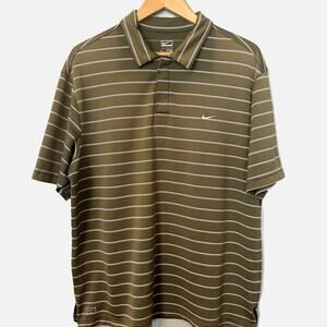 Nike Performance Golf Olive Green & White Striped Men's Short Sleeve Shirt Large